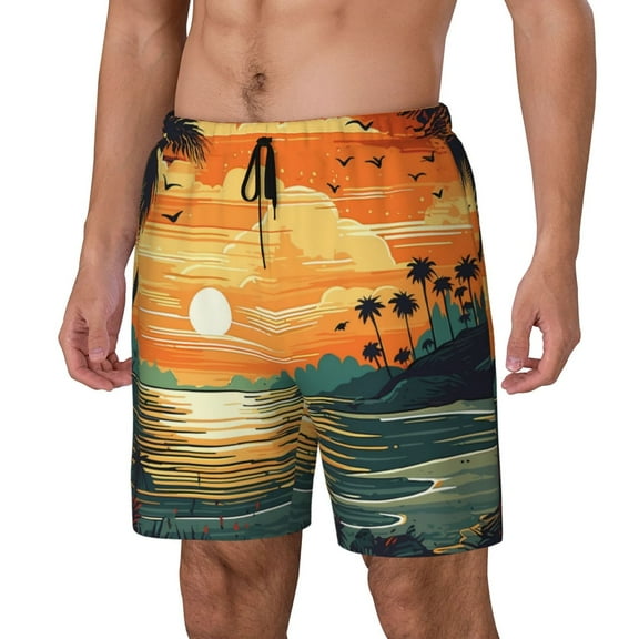 Sikiie Tropical Sunset Paradise Print Men's Double Layer Swimming Trunks, Adjustable Waistband and Pockets Sports Swimming Trunks, Beach Swimwear-Small