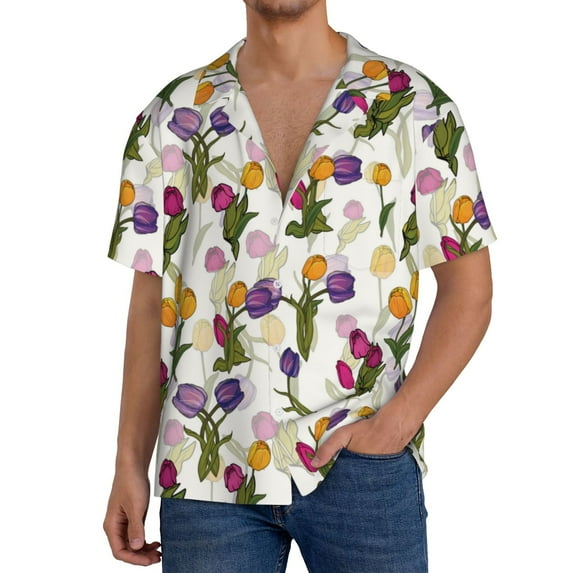 Sikiie Tulips Flowers Men's Wrinkle Free Untucked Cuban Shirt Business Casual Button Down Shirts Short Sleeve ShirtX-Large