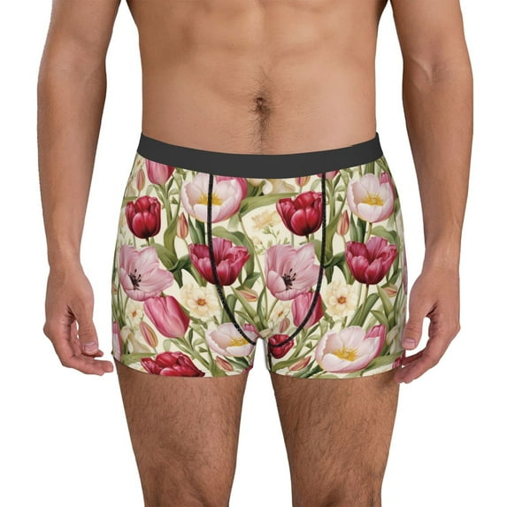Sikiie Tulips Flowers Print Men's Boxer Briefs, Elastic Waistband Boxer Briefs Leggings-X-Large