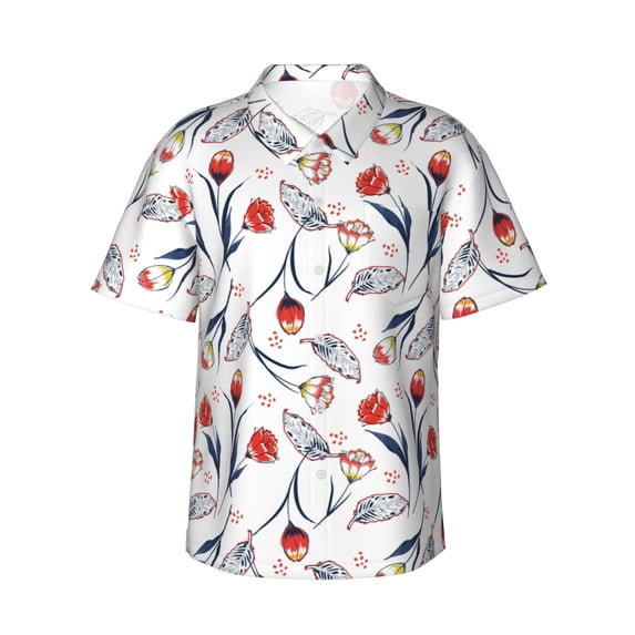 Sikiie Tulips Flowers Print Men's Hawaiian Shirt, Summer Beach Button Pocket Short Sleeve T-Shirt,Large