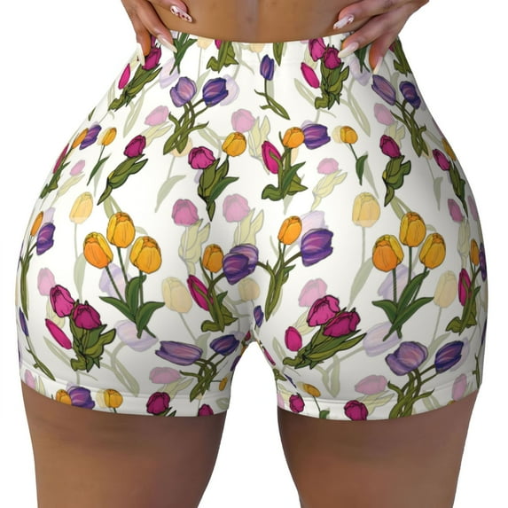 Sikiie Tulips Flowers Print Workout Shorts Women Scrunch Butt Gym Shorts Seamless High Waist Tummy Control Yoga Biker Athletic Shorts