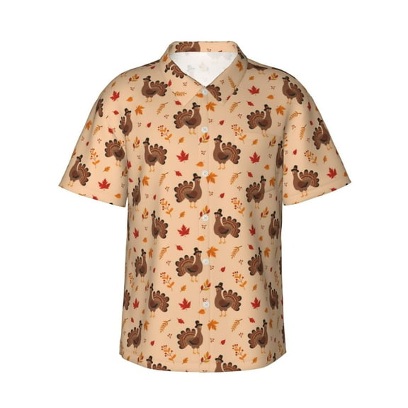 Sikiie Turkey And Autumn Leaves Print Men's Hawaiian Shirt, Summer Beach Button Pocket Short Sleeve T-Shirt,XX-Large