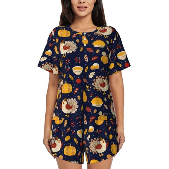 Sikiie Turkey And Autumn Womens Pajama Sets Short Sleeve Top With Pants Sleepwear 2 Piece Lounge Set-Small