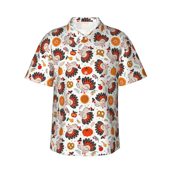 Sikiie Turkey And Thanksgiving2 Print Men's Hawaiian Shirt, Summer Beach Button Pocket Short Sleeve T-Shirt,X-Large
