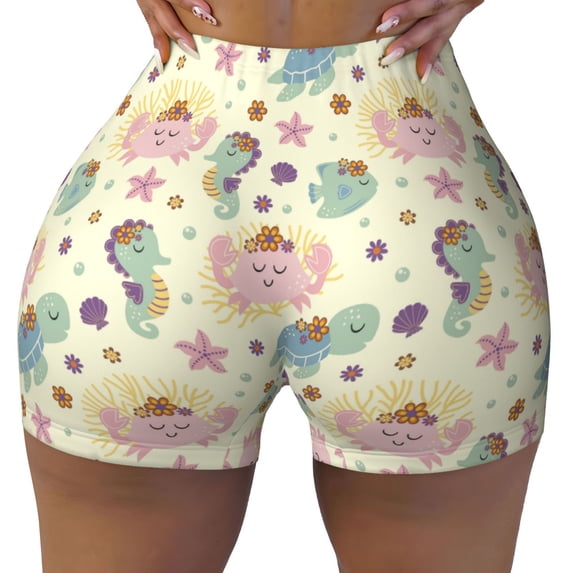 Sikiie Turtle Crab Sea Horse Print Workout Shorts Women Scrunch Butt Gym Shorts Seamless High Waist Tummy Control Yoga Biker Athletic Shorts