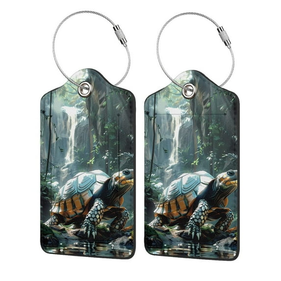 Sikiie Turtle In Jungle Waterfall Luggage Tag for Suitcase Leather Baggage Tag with Stainless Steel Loop Privacy Cover for Women Men Girls-2 PCS