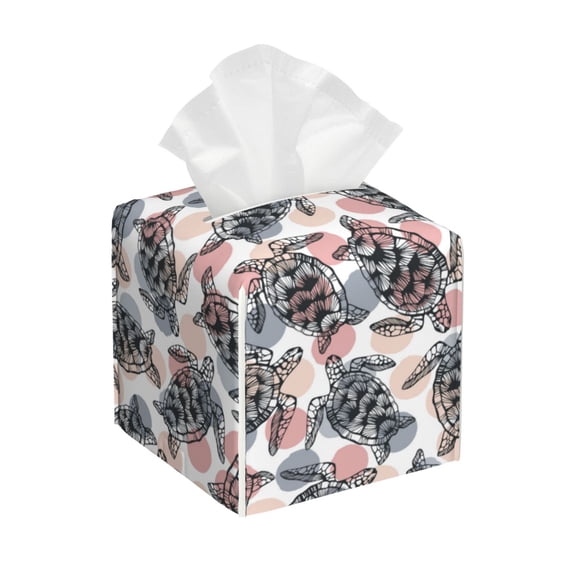 Sikiie Turtle Leather Tissue Box Cover Square, tissue box holder, Tissue Box with Bottom Belt-5.2”x5.2”x5.2”