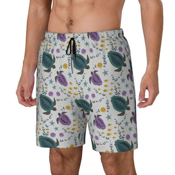 Sikiie Turtle Print Men's Double Layer Swimming Trunks, Adjustable Waistband and Pockets Sports Swimming Trunks, Beach Swimwear-3X-Large