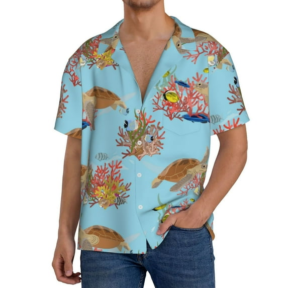 Sikiie Turtles And Corals Men's Wrinkle Free Untucked Cuban Shirt Business Casual Button Down Shirts Short Sleeve Shirt3X-Large