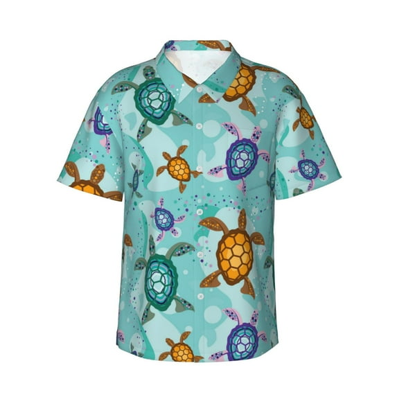 Sikiie Turtles And Sea Print Men's Hawaiian Shirt, Summer Beach Button Pocket Short Sleeve T-Shirt,XX-Large