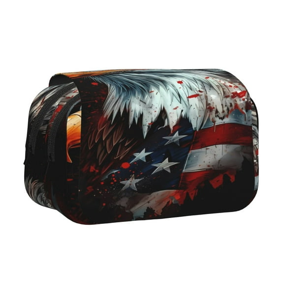 Sikiie USA Bald Eagle Print Flip Double-layer Pencil Case, All-purpose Stationery Bag for Study and Office, Zipper Design, Unisex