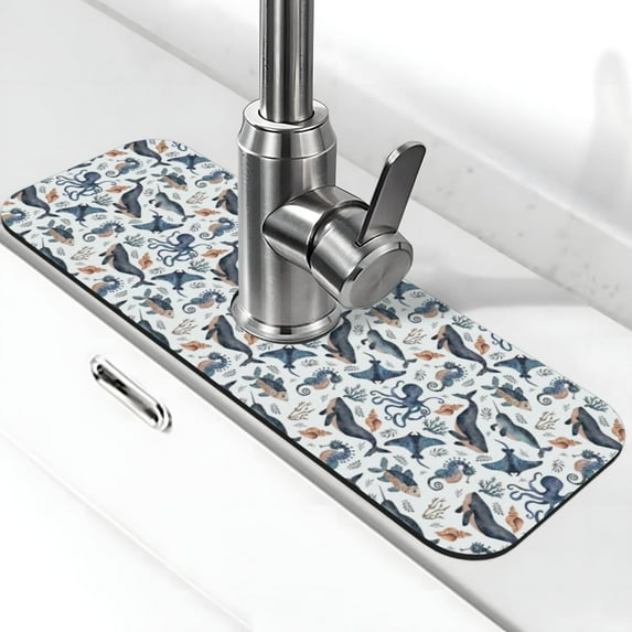 Sikiie Underwater Animals 1 Splash Guard for Sink Faucet-1 PC Super Absorbent Fast Drying Mat Sink Gadgets-Splash Guard for Kitchen, Sink Mat