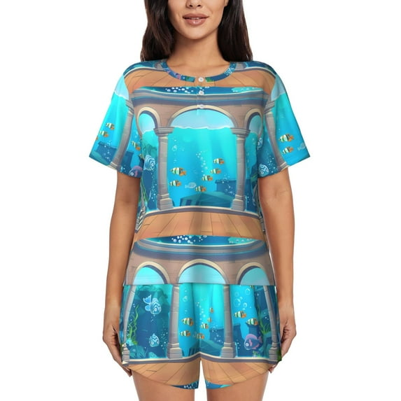 Sikiie Underwater Aquarium Arches Womens Pajama Sets Short Sleeve Top With Pants Sleepwear 2 Piece Lounge Set-