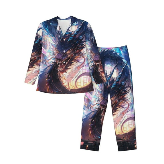 Sikiie Urban Style Colorful Dragon Mens Pajama Set, Soft Warm Long Sleeve Sleepwear, Cozy Button-Down Pjs for Men-Medium