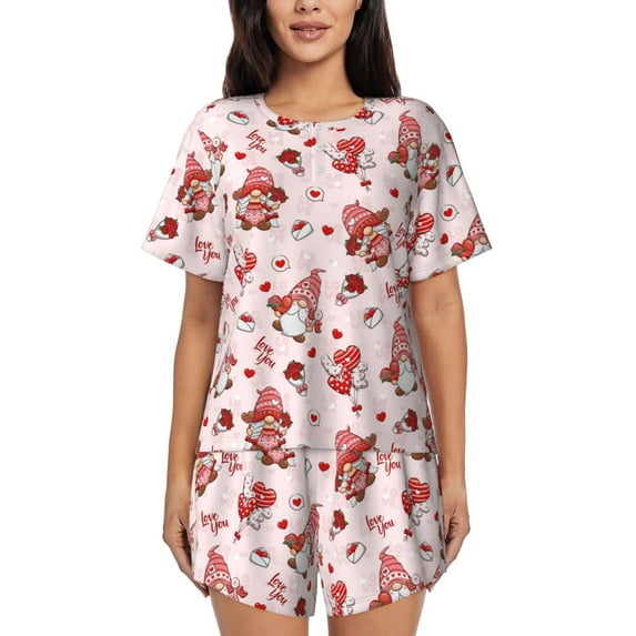 Sikiie Valentine's Day gnome Print Womens Pajama Sets Short Sleeve Top With Pants Sleepwear 2 Piece Lounge Set-XX-Large
