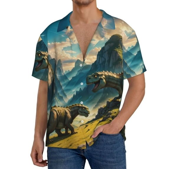 Sikiie Valley River Dinosaur Men's Wrinkle Free Untucked Cuban Shirt Business Casual Button Down Shirts Short Sleeve ShirtXX-Large