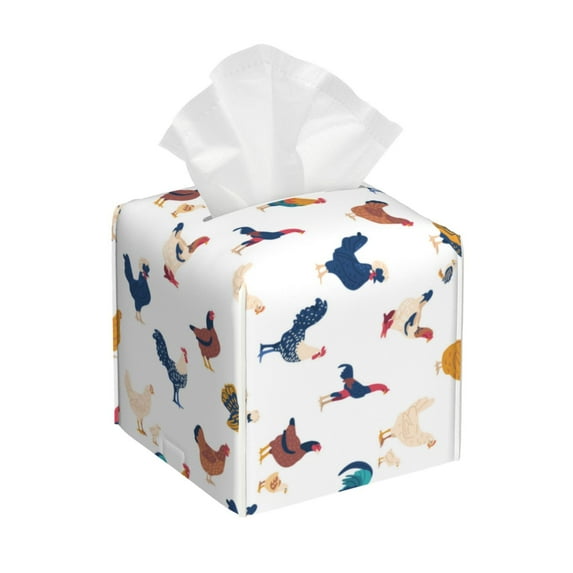 Sikiie Various Rooster Leather Tissue Box Cover Square, tissue box holder, Tissue Box with Bottom Belt-5.2”x5.2”x5.2”