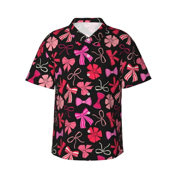 Sikiie Various pink and red Bow knots Print Men's Hawaiian Shirt, Summer Beach Button Pocket Short Sleeve T-Shirt,X-Large