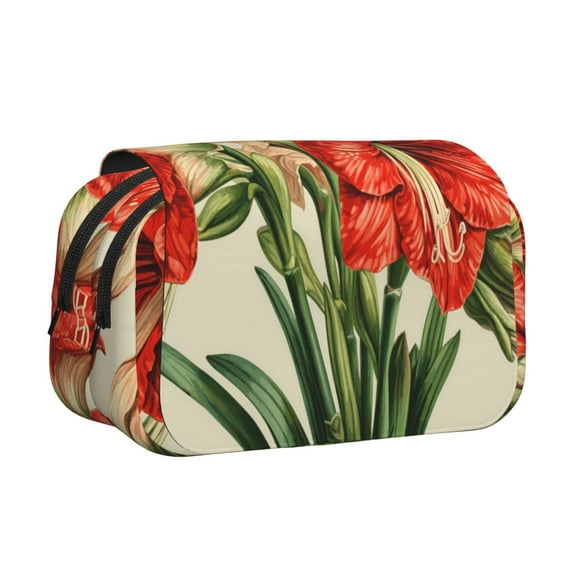 Sikiie Vibrant Amaryllis Flowers Print Flip Double-layer Pencil Case, All-purpose Stationery Bag for Study and Office, Zipper Design, Unisex