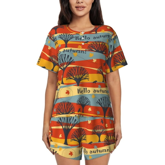 Sikiie Vibrant Autumn Forest Hues Womens Pajama Sets Short Sleeve Top With Pants Sleepwear 2 Piece Lounge Set-3X-Large