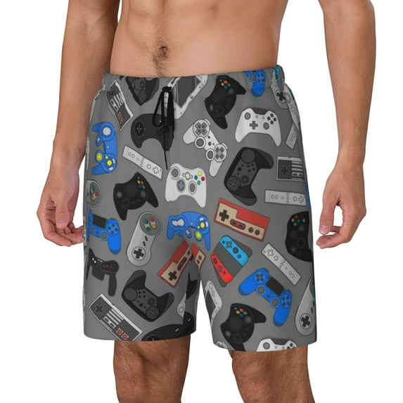 Sikiie Video Game Print Men's Double Layer Swimming Trunks, Adjustable Waistband and Pockets Sports Swimming Trunks, Beach Swimwear-Medium