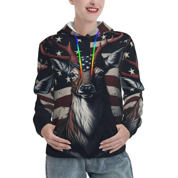 Sikiie Vintage American Deer Women's Casual Hoodies Long Sleeve Lightweight Pullover Tops Loose Sweatshirt-Large