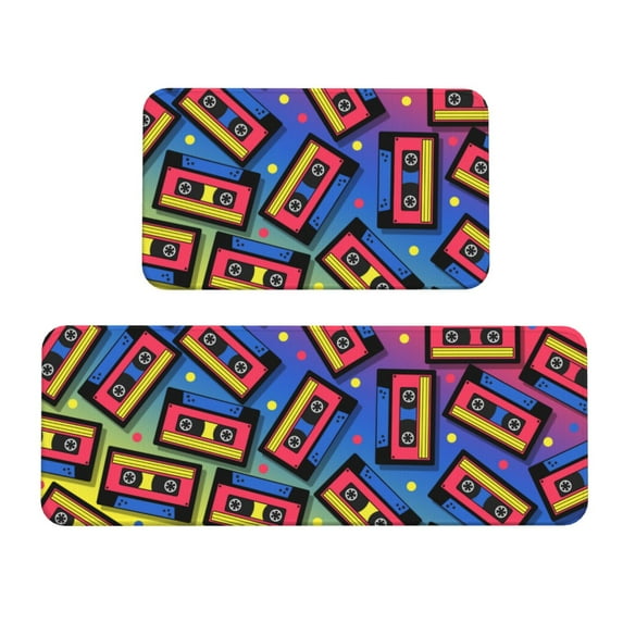 Sikiie Vintage Audio Cassettes Kitchen Mat 2 PCS Cushioned Kitchen Rug, Waterproof Non-Slip Kitchen Mats for Kitchen, Floor Home, Sink, Laundry