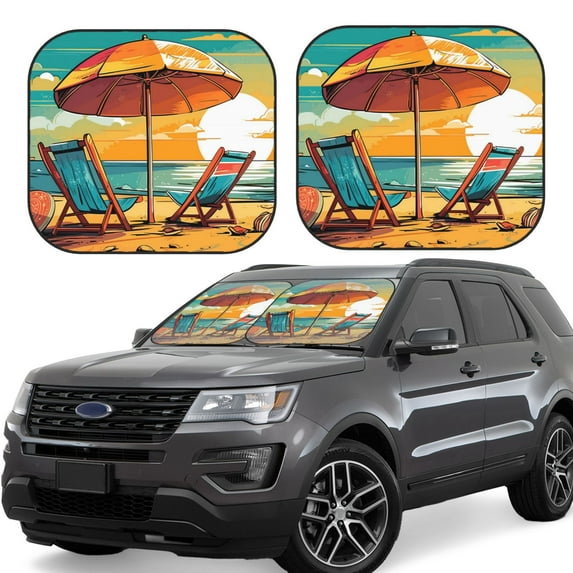 Sikiie Vintage Beach Sunset Print Foldable Car Windshield Sun Visor, Car Window Sunshade Suitable for Sedan, SUV and Truck Car Accessories-Large