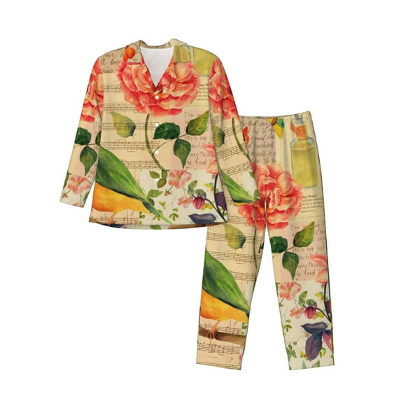 Sikiie Vintage Bird Mens Pajama Set, Soft Warm Long Sleeve Sleepwear, Cozy Button-Down Pjs for Men-