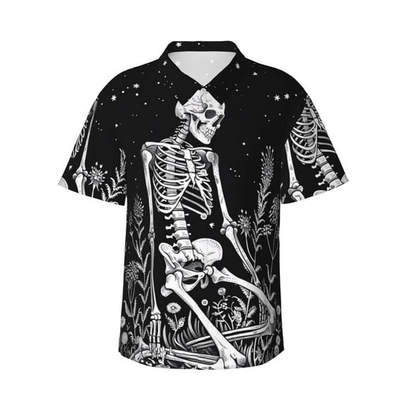 Sikiie Vintage Black white Plant skull Print Men's Hawaiian Shirt, Summer Beach Button Pocket Short Sleeve T-Shirt,XX-Large