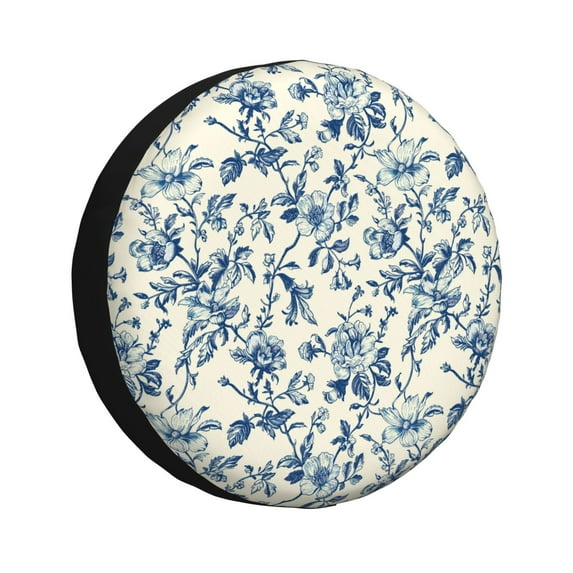 Sikiie Vintage Blue Floral PVC Leather Spare Tire Wheel Cover Spare Tire Cover, for Car Truck SUV Camper Trailer Universal Fit(14-17in)-14 inch