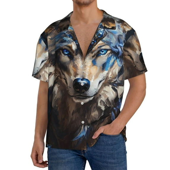 Sikiie Vintage Blue Floral Wolf Men's Wrinkle Free Untucked Cuban Shirt Business Casual Button Down Shirts Short Sleeve ShirtX-Large