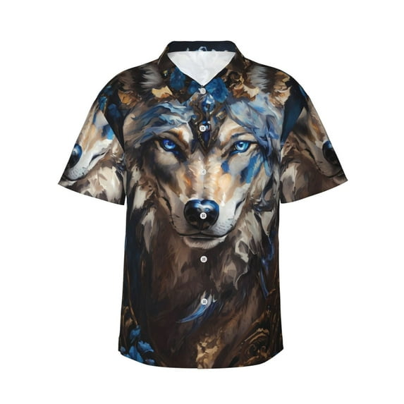 Sikiie Vintage Blue Floral Wolf Print Men's Hawaiian Shirt, Summer Beach Button Pocket Short Sleeve T-Shirt,Medium