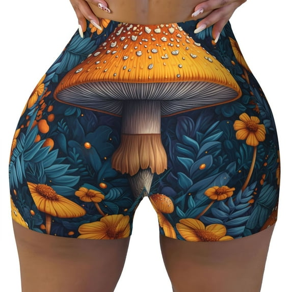 Sikiie Vintage Blue Leaf Mushroom Print Workout Shorts Women Scrunch Butt Gym Shorts Seamless High Waist Tummy Control Yoga Biker Athletic Shorts