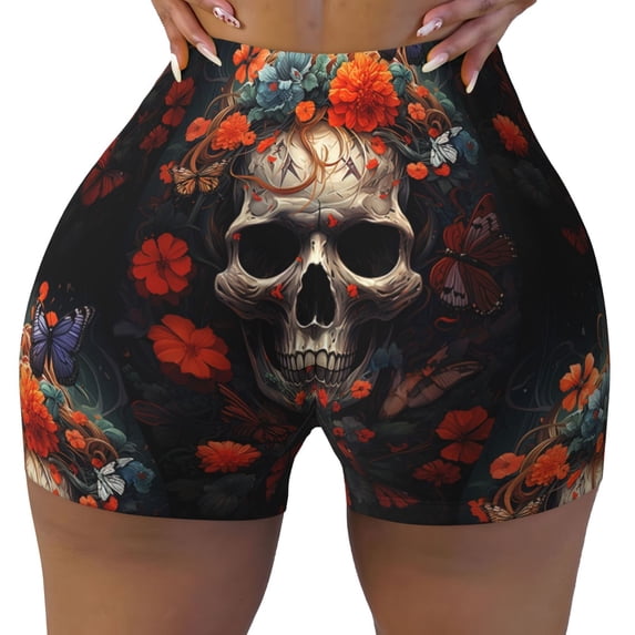 Sikiie Vintage Butterfly Flower Skull Print Workout Shorts Women Scrunch Butt Gym Shorts Seamless High Waist Tummy Control Yoga Biker Athletic Shorts
