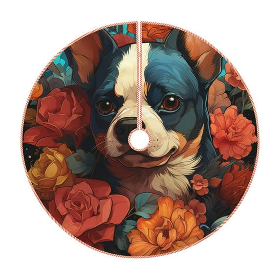 Sikiie Vintage Colorful Flower French Bulldog Nativity Christmas Tree Skirt, Jesus Christian Winter Holiday Tree Mat Decoration(30-48IN)30"