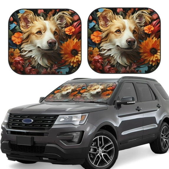 Sikiie Vintage Colorful Flower Puppy Print Foldable Car Windshield Sun Visor, Car Window Sunshade Suitable for Sedan, SUV and Truck Car Accessories-Large