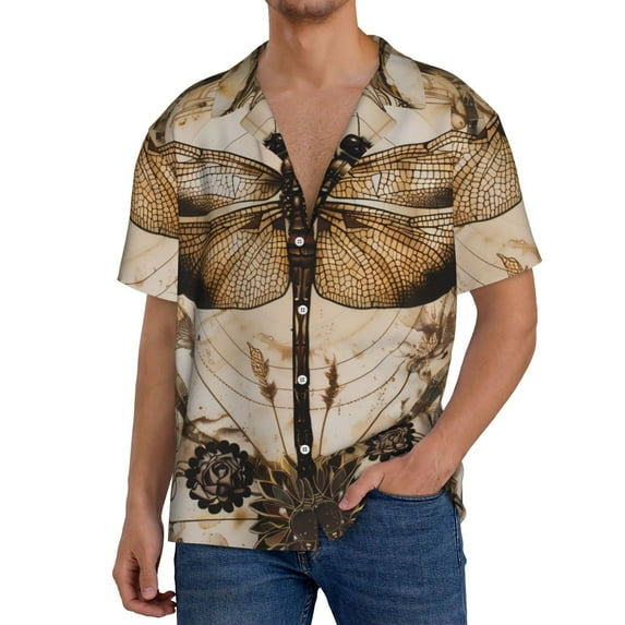 Sikiie Vintage Dragonfly Artwork Men's Cuban Shirt, Hawaiian Shirts, Business Casual Button Down Shirts, Short Sleeve Shirt-3X-Large