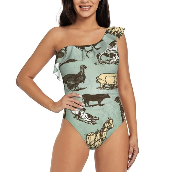 Sikiie Vintage Farm Animals Print Women One Piece Swimsuits Tummy Control One Shoulder Bathing Suits Ruffle Swimwear, From S to XXL-Medium