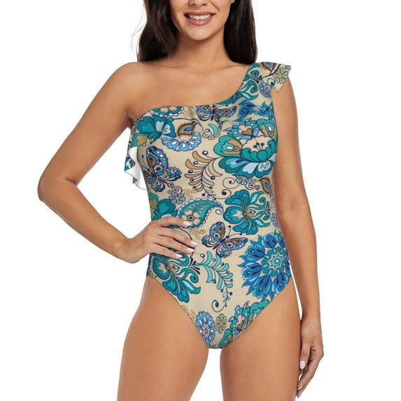 Sikiie Vintage Floral Butterflies Print Women One Piece Swimsuits Tummy Control One Shoulder Bathing Suits Ruffle Swimwear, From S to XXL-Medium