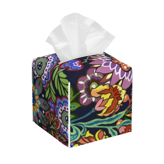 Sikiie Vintage Floral Leather Tissue Box Cover Square, tissue box holder, Tissue Box with Bottom Belt-5.2”x5.2”x5.2”
