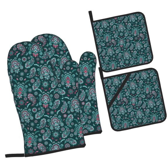 Sikiie Vintage Floral Oven Mitts and Pot Holders, Silicone Oven Gloves, Heat Resistant Oven Mitts 4Pcs Set