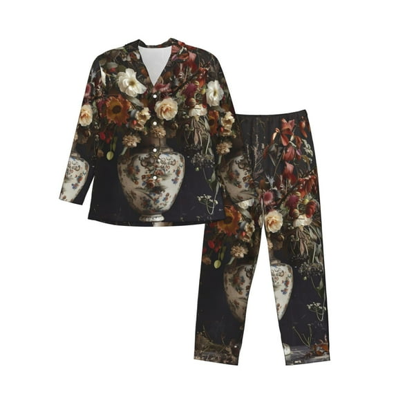Sikiie Vintage Floral Vase A Mens Pajama Set, Soft Warm Long Sleeve Sleepwear, Cozy Button-Down Pjs for Men-Medium