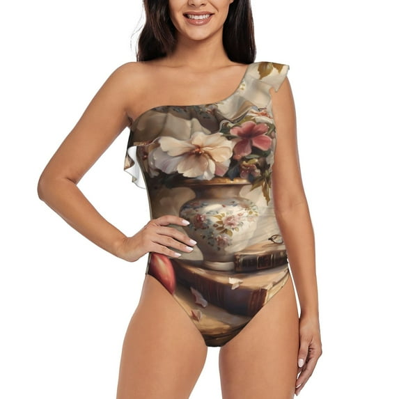 Sikiie Vintage Floral Vase With Books Print Women One Piece Swimsuits Tummy Control One Shoulder Bathing Suits Ruffle Swimwear, From S to XXL-XX-Large