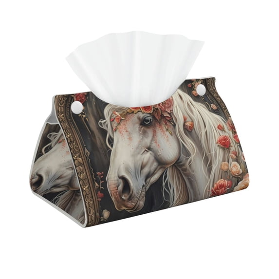 Sikiie Vintage Floral White Horse Leather Tissue Box Cover Rectangle, Long Tissue Box Cover, Tissue Box Holder, Tissue Holder for Bathroom