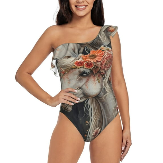 Sikiie Vintage Floral White Horse Print Women One Piece Swimsuits Tummy Control One Shoulder Bathing Suits Ruffle Swimwear, From S to XXL-X-Large