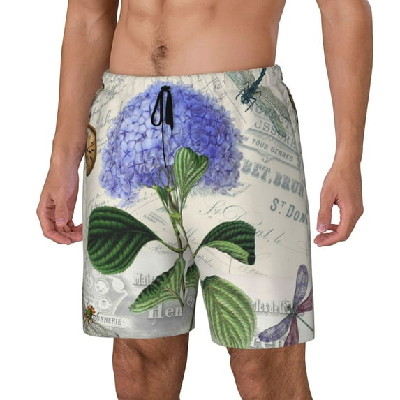 Sikiie Vintage Flower Print Men's Double Layer Swimming Trunks, Adjustable Waistband and Pockets Sports Swimming Trunks, Beach Swimwear-3X-Large