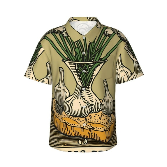 Sikiie Vintage Garlic Bread Illustration Print Men's Hawaiian Shirt, Summer Beach Button Pocket Short Sleeve T-Shirt,Large
