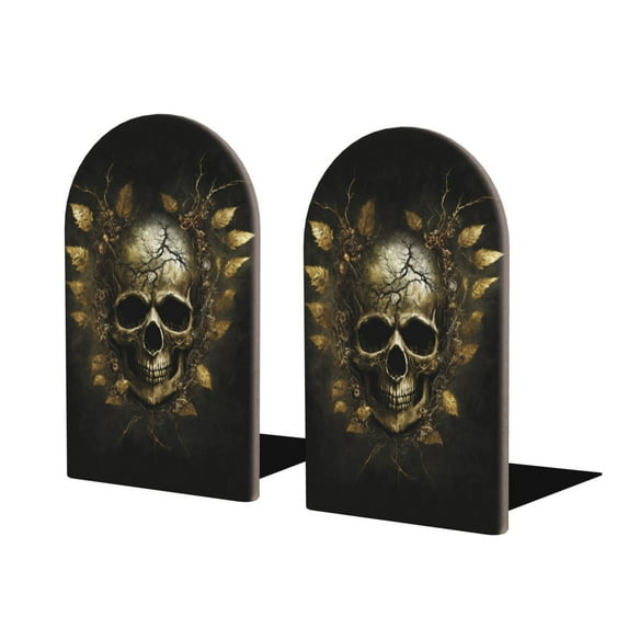 Sikiie Vintage Gold Leaf Skull Bookends 1 Pair, Wood Bookends for Shelves, Book Ends for Shelves, Book Shelf Holder for Home Office