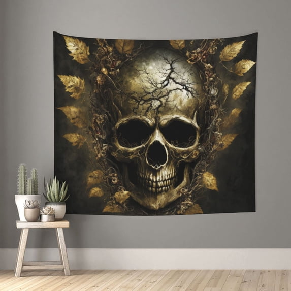 Sikiie Vintage Gold Leaf Skull tapestry wall hanging home decor for bedrooms, living rooms, dorms 60x51in